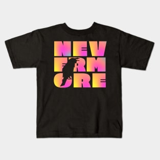 NEVERMORE in large psychedelic pink and yellow block letters + raven cut-out - famous Edgar Allan Poe quote Kids T-Shirt